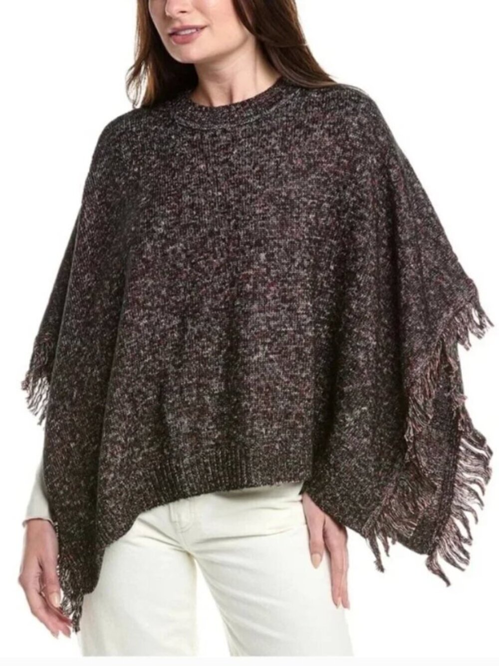 CABI Merry Poncho Sweater Boho Fringe Charcoal/Red Sz XS/S #4628